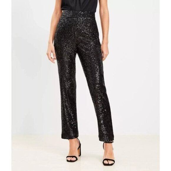 ANN TAYLOR LOFT New Black Sequin Pants Women's Size 12 Straight side Zip - Picture 1 of 9
